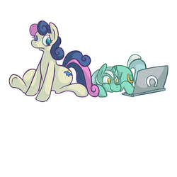 Size: 2000x2000 | Tagged: safe, artist:ponygoggles, bon bon, lyra heartstrings, sweetie drops, earth pony, pony, unicorn, g4, :t, computer, dexterous hooves, female, frown, high res, laptop computer, lesbian, lidded eyes, looking back, mare, no pupils, prone, sad, ship:lyrabon, shipping, simple background, sitting, smiling, underhoof, white background, worried