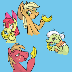 Size: 2000x2000 | Tagged: safe, artist:ponygoggles, apple bloom, applejack, big macintosh, granny smith, earth pony, pony, g4, apple family, applejack's hat, banana, blue background, cowboy hat, eating, female, filly, hat, herbivore, high res, male, mare, no pupils, simple background, stallion