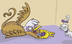 Size: 1988x1234 | Tagged: safe, artist:ponygoggles, gilda, opalescence, cat, griffon, g4, behaving like a cat, catbird, cute, female, gildadorable, griffons doing cat things, happy, yarn ball