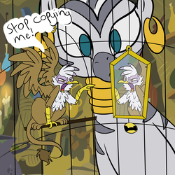 Size: 2000x2000 | Tagged: safe, artist:ponygoggles, gilda, zecora, griffon, zebra, g4, angry, behaving like a bird, birdcage, birds doing bird things, cage, catbird, female, funny, funny as hell, gildakeet, glare, griffons doing bird things, high res, implied poison joke, micro, mirror, no pupils, open mouth, pointing, sitting, size difference, spread wings, threat display, wings