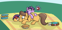 Size: 1754x853 | Tagged: safe, artist:ponygoggles, caramel, twilight sparkle, earth pony, pony, unicorn, g4, apple, book, candy, female, male, mare, no pupils, pie, prone, rarepair, ship:caralight, shipping, stallion, straight