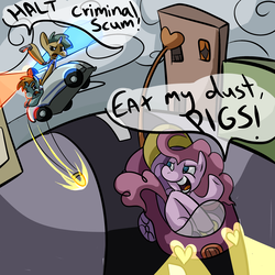 Size: 2000x2000 | Tagged: safe, artist:ponygoggles, pinkie pie, snails, snips, earth pony, pony, unicorn, g4, car, chase, colt, criminal scum, female, fuck the police, gun, high res, male, mare, stop right there criminal scum, trio
