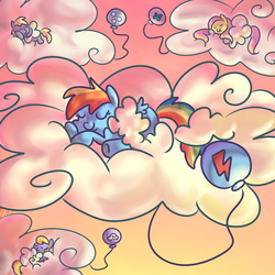 Size: 1000x1000 | Tagged: safe, artist:ponygoggles, cloud kicker, derpy hooves, fluttershy, rainbow dash, pegasus, pony, g4, balloon, cloud, cloudy, eyes closed, female, filly, foal, hooves, lying on a cloud, on a cloud, prone, sleeping, solo, wings