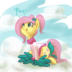 Size: 1000x1000 | Tagged: safe, artist:ponygoggles, fluttershy, pegasus, pony, g4, alternate hairstyle, bow, cheerleader, cheerleader outfit, clothes, cloud, cloudy, cute, daaaaaaaaaaaw, female, fluttershy is best facemaker, flutteryay, hooves, mare, on a cloud, open mouth, pom pom, ponytail, ponytails, shyabetes, sitting, sitting on a cloud, solo, tail bow, wings, yay