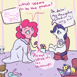 Size: 1000x1000 | Tagged: safe, artist:ponygoggles, pinkie pie, princess celestia, rarity, earth pony, pony, unicorn, g4, clothes, comic, dialogue, doctor, female, filly, hilarious in hindsight, one-panel comic, playing, playing doctor, stethoscope, younger