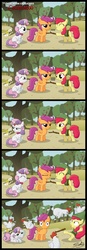 Size: 1000x2870 | Tagged: safe, artist:sterlingpony, apple bloom, scootaloo, sweetie belle, chicken, earth pony, pegasus, pony, unicorn, g4, comic, crossover, cucco, cutie mark crusaders, female, filly, link, nintendo, parody, pun, scootachicken, the legend of zelda