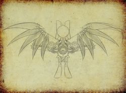 Size: 1559x1145 | Tagged: source needed, useless source url, safe, artist:colorsymphony, pony, artificial wings, augmented, blueprint, overhead view, sketch, solo, steampunk, wings
