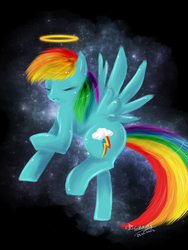 Size: 768x1024 | Tagged: safe, artist:neomelody, rainbow dash, pegasus, pony, g4, eyes closed, female, flying, gimp, halo, mare, solo