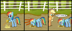 Size: 1500x656 | Tagged: safe, artist:madmax, applejack, rainbow dash, earth pony, pegasus, pony, g4, the super speedy cider squeezy 6000, applejack's hat, cider, comic, comic strip, cowboy hat, dirt, don't judge me, eating, eating dirt, female, fence, hat, mare, puffy cheeks