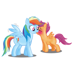 Size: 1601x1275 | Tagged: safe, artist:v-d-k, rainbow dash, scootaloo, pegasus, pony, g4, blushing, duo, female, filly, kiss on the lips, kissing, lesbian, mare, mare on filly, pseudoincest, ship:scootadash, shipping, simple background, spread wings, surprise kiss, surprised, transparent background, underage, wingboner, wings