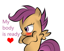 Size: 2468x1970 | Tagged: safe, artist:v-d-k, scootaloo, pegasus, pony, g4, blushing, female, filly, heart, my body is ready, photoshop, reaction image, simple background, solo, transparent background