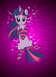 Size: 2604x3552 | Tagged: safe, artist:v-d-k, twilight sparkle, pony, unicorn, g4, artist's begins, blushing, clothes, female, glitter, high res, looking at you, mare, on back, photoshop, socks, solo, sparkles, striped socks, unicorn twilight