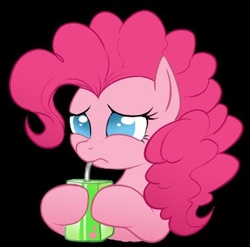 Size: 305x301 | Tagged: source needed, safe, artist:mn27, pinkie pie, earth pony, pony, g4, black background, cute, diapinkes, female, frown, hoof hold, juice box, mare, no pupils, sad, sad drinking, sadorable, simple background, solo