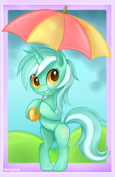 Size: 457x700 | Tagged: dead source, safe, artist:mn27, lyra heartstrings, pony, unicorn, g4, bipedal, cute, female, happy, lyrabetes, mare, solo, umbrella