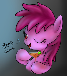 Size: 668x761 | Tagged: source needed, safe, artist:mn27, berry punch, berryshine, earth pony, pony, g4, alcohol, blushing, drunk, female, glass, gradient background, mare, one eye closed, solo