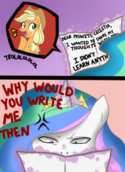 Size: 600x824 | Tagged: safe, artist:musapan, applejack, princess celestia, alicorn, earth pony, pony, g4, applejack's hat, appletroll, comic, cowboy hat, cross-popping veins, dear princess celestia, duo, duo female, female, hat, i didn't learn anything, letter, mare, this will end in tears and/or a journey to the moon, trolling