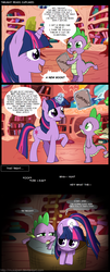 Size: 751x1854 | Tagged: safe, artist:musapan, spike, twilight sparkle, dragon, pony, unicorn, fanfic:cupcakes, g4, 2011, bed, book, comic, cute, description in comments, duo, female, golden oaks library, library, male, mare, scared, unicorn twilight