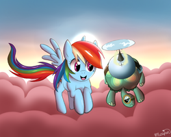 Size: 1027x820 | Tagged: safe, artist:musapan, rainbow dash, tank, pegasus, pony, g4, cloud, cloudy, duo, female, flying, mare