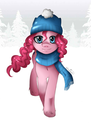 Size: 700x963 | Tagged: safe, artist:musapan, pinkie pie, earth pony, pony, g4, cap, clothes, female, hat, looking at you, mare, scarf, snow, solo, unshorn fetlocks, winter