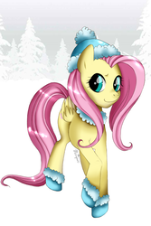 Size: 826x1235 | Tagged: safe, artist:musapan, fluttershy, pegasus, pony, g4, boots, cap, female, hat, mare, snow, solo, winter