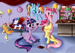 Size: 1984x1414 | Tagged: safe, artist:musapan, applejack, derpy hooves, fluttershy, pinkie pie, rainbow dash, rarity, spike, twilight sparkle, dragon, earth pony, pegasus, pony, unicorn, g4, alcohol, balloon, blushing, book, clock, clothes, couch, eyes closed, female, glass, magic, male, mane seven, mane six, mare, party, unicorn twilight, wine