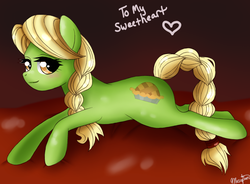 Size: 863x636 | Tagged: safe, artist:musapan, granny smith, earth pony, pony, g4, female, heart, mare, prone, solo, sultry pose, young granny smith