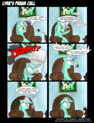 Size: 2256x2965 | Tagged: safe, artist:reikomuffin, bon bon, lyra heartstrings, sweetie drops, pony, unicorn, g4, comic, couch, epic fail, fail, female, high res, implied spike, implied twilight sparkle, mare, phone, prank, prank call, prank call fail, surprised