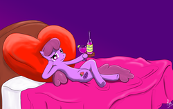 Size: 3174x2000 | Tagged: dead source, safe, artist:reikomuffin, berry punch, berryshine, earth pony, pony, g4, alcohol, anatomically incorrect, bed, crossed legs, female, high res, looking at you, mare, on back, solo, wine