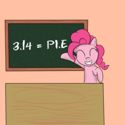 Size: 1000x1000 | Tagged: dead source, safe, artist:reikomuffin, pinkie pie, earth pony, pony, g4, ^^, chalkboard, eyes closed, female, happy, mare, math, pi, pinkie pi, pun, smiling, solo