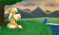 Size: 2009x1195 | Tagged: dead source, safe, artist:reikomuffin, applejack, earth pony, pony, g4, female, loose hair, mare, mountain, mountain range, photoshop, river, sitting, solo, tree, water