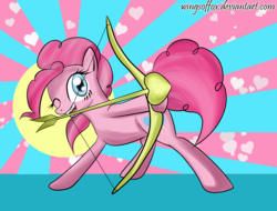 Size: 1446x1098 | Tagged: dead source, safe, artist:reikomuffin, pinkie pie, earth pony, pony, g4, abstract background, arrow, bow (weapon), cupid, female, heart, heart arrow, mare, mouth hold, one eye closed, solo, weapon