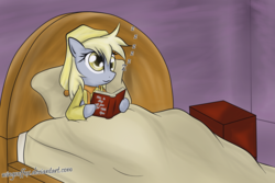 Size: 2292x1533 | Tagged: dead source, safe, artist:reikomuffin, derpy hooves, pegasus, pony, g4, bed, book, eyes open, female, hat, mare, nightcap, sleeping, solo