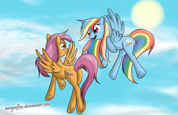 Size: 2302x1479 | Tagged: dead source, safe, artist:reikomuffin, rainbow dash, scootaloo, pegasus, pony, g4, adult, butt, duo, duo female, eye contact, female, flying, looking at each other, mare, older, older scootaloo, plot, rainbutt dash, scootabutt, scootaloo can fly, sky, sun, underhoof