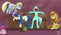 Size: 2276x1303 | Tagged: dead source, safe, artist:reikomuffin, bon bon, carrot top, derpy hooves, golden harvest, lyra heartstrings, pinkie pie, sweetie drops, earth pony, pegasus, pony, unicorn, g4, after party, bed hair, bed mane, couch, derpy being derpy, empty bucket, female, hat, mare, meme, messy mane, party, party hat, sitting, sitting lyra, sleeping, snoring, zzz