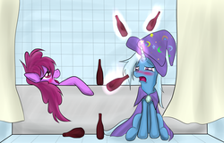 Size: 2284x1461 | Tagged: dead source, safe, artist:reikomuffin, berry punch, berryshine, trixie, earth pony, pony, unicorn, g4, alcohol, bath, bathroom, blushing, bottle, drunk, drunk trixie, female, mare, messy mane, party, sitting