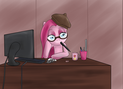 Size: 1849x1338 | Tagged: dead source, safe, artist:reikomuffin, applejack, pinkie pie, earth pony, pony, g4, beret, computer, desk, eraser, female, glasses, hat, mare, mouth drawing, mouth hold, mug, pen, pinkamena diane pie