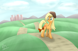 Size: 2299x1500 | Tagged: dead source, safe, artist:reikomuffin, applejack, earth pony, pony, g4, alternate hairstyle, beret, female, glasses, loose hair, mare, road, solo, tail bow