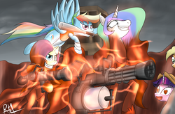 Size: 2293x1503 | Tagged: dead source, safe, artist:reikomuffin, applejack, fluttershy, princess celestia, rainbow dash, twilight sparkle, alicorn, earth pony, pegasus, pony, unicorn, g4, badass, baseball bat, crazy smile, crossover, female, flutterbadass, fluttermedic, gun, heart eyes, heavy weapons guy, mare, medic, medic (tf2), meet the medic, mouth hold, scout (tf2), team fortress 2, ubercharge, weapon, wingding eyes