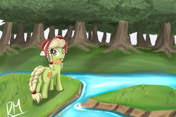 Size: 2252x1491 | Tagged: dead source, safe, artist:reikomuffin, granny smith, earth pony, pony, g4, everfree forest, female, filly, forest, looking back, solo, water, young granny smith, younger