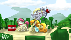 Size: 1920x1080 | Tagged: dead source, safe, artist:reikomuffin, carrot top, derpy hooves, golden harvest, roseluck, cyclops, earth pony, pegasus, pony, g4, arrow, awesome face, bow (weapon), creeper (minecraft), crossover, diamond sword, explosives, female, mare, minecraft, mouth hold, one eye, sword, tnt, trio, trio female, wallpaper, weapon