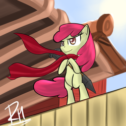 Size: 1000x1000 | Tagged: dead source, safe, artist:reikomuffin, apple bloom, earth pony, pony, g4, bang shishigami, bipedal, blazblue, clothes, crossover, female, filly, scarf, solo