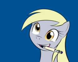 Size: 1000x800 | Tagged: safe, artist:kloudmutt, artist:pacce, derpy hooves, pegasus, pony, g4, blue background, bust, crossover, cute, derpabetes, doctor who, female, first crossover picture on derpibooru, mare, misleading thumbnail, mouth hold, not a cigarette, open mouth, paint tool sai, portrait, silly, silly pony, simple background, smiling, solo, sonic screwdriver, tenth doctor
