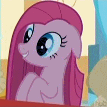 Size: 213x213 | Tagged: safe, screencap, pinkie pie, earth pony, pony, g4, party of one, season 1, animated, artifact, breakdown, contemplating insanity, cropped, derp, female, first pinkamena diane pie picture on derpibooru, gif, hub logo, insanity, insanity face, it begins, mare, meme origin, one of the first, pinkamena diane pie, psycho, silly, silly pony, solo, time capsule, you know for kids