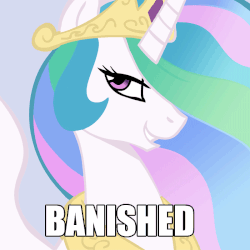Size: 800x800 | Tagged: source needed, safe, artist:166, artist:megasweet, princess celestia, alicorn, pony, g4, 42, artifact, ban, banishment, blue background, blue eyes, caption, female, get, gif, grin, image macro, index get, lidded eyes, mare, meme, non-animated gif, simple background, smiling, solo, spread wings, text, trollestia, wings