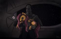 Size: 1300x839 | Tagged: dead source, safe, artist:cosmicunicorn, fluttershy, pegasus, pony, g4, blushing, cardassian, crossover, deep space nine, disturbing, duo, female, get, gul dukat, hair over one eye, heart, holding a pony, looking at you, mare, signature, space, star trek, star trek: deep space nine