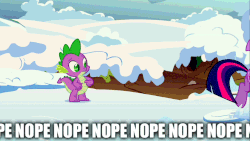 Size: 853x480 | Tagged: safe, edit, edited screencap, screencap, spike, twilight sparkle, dragon, pony, unicorn, season 1, winter wrap up, abandon thread, animated, artifact, caption, duo, ears back, female, frown, gif, image macro, impact font, male, mare, meme, nope, nope nope nope nope nope nope, open mouth, panic, reaction gif, reaction image, running, scared, screaming, snow, so much nope, text, unicorn twilight, wide eyes