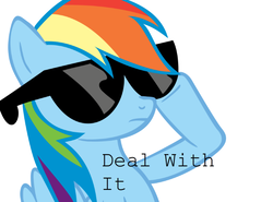 Size: 651x481 | Tagged: artist needed, source needed, safe, rainbow dash, pegasus, pony, artifact, caption, cooler, deal with it, female, first deal with it image on derpibooru, image macro, mare, meme, simple background, solo, sunglasses, text, white background