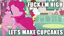 Size: 500x281 | Tagged: safe, edit, edited screencap, screencap, apple bloom, pinkie pie, earth pony, pony, call of the cutie, season 1, artifact, baking, caption, chef's hat, cupcake, cupcake song, drugs, duo, duo female, faic, female, filly, fuck i'm high, great moments in animation, hat, high, image macro, jumping, junkie pie, mare, meme, silly, silly pony, text, vulgar