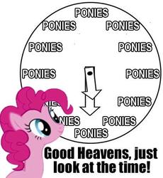 Size: 418x455 | Tagged: safe, artist:futzi01, artist:sethisto, pinkie pie, earth pony, pony, g4, artifact, caption, clock, female, image macro, just look at the time, mare, meme, photoshop, pinkie time, pony time, reaction image, smiling, solo, text, time for ponies