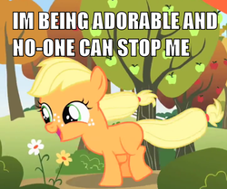 Size: 579x483 | Tagged: safe, edit, edited screencap, screencap, applejack, earth pony, pony, g4, season 1, the cutie mark chronicles, apple, blank flank, caption, cute, female, filly, flower, foal, food, happy, hat, i'm being adorable and no one can stop me!, image macro, jackabetes, mare, meme, open mouth, running, smiling, solo, text, windswept mane, younger